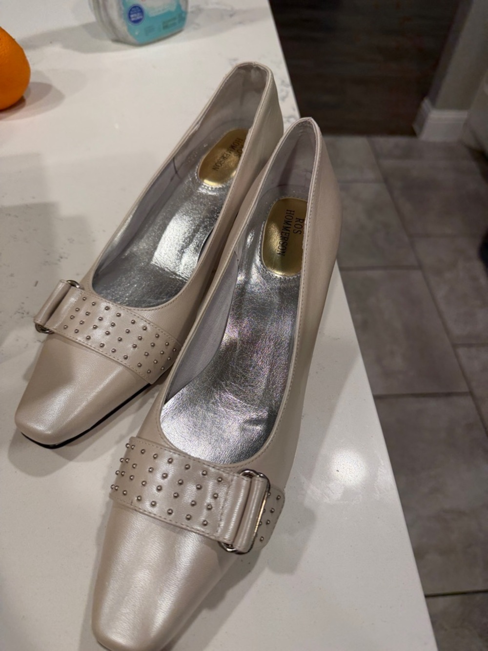 Ros Rhommerson Cream bone color Square-Toe Studded Buckle Pumps